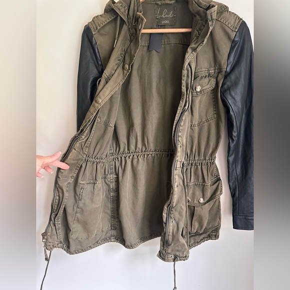 Aritzia Talula Olive Utility Parka Jacket Faux Leather Sleeves Military Army - Picture 4 of 10